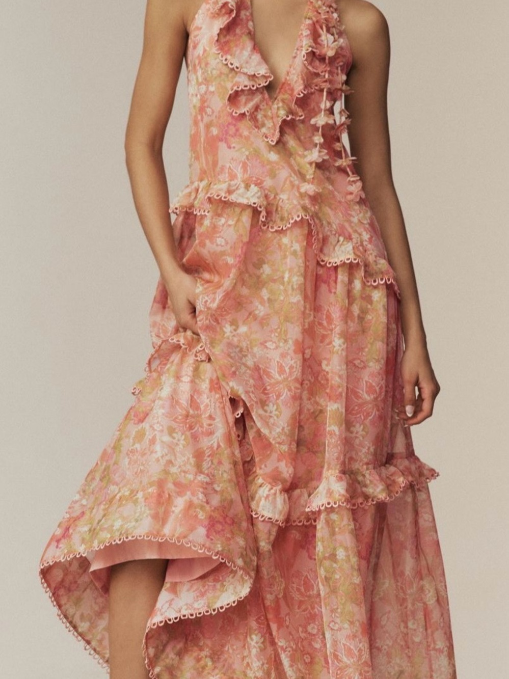 BHLDN “Landon” Floral Pink Ruffled Halter Maxi Dress XS